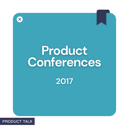 Graphic with "Product Conferences 2017" in bold white text on a teal background, featuring a bookmark design in the top-right corner.