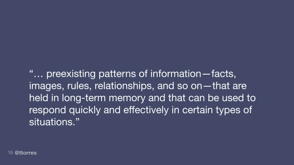 "...preexisting patterns of information - facts, images, rules, relationships, and so on - that are held in long-term memory and that can be used to respond quickly and effectively in certain types of situations."