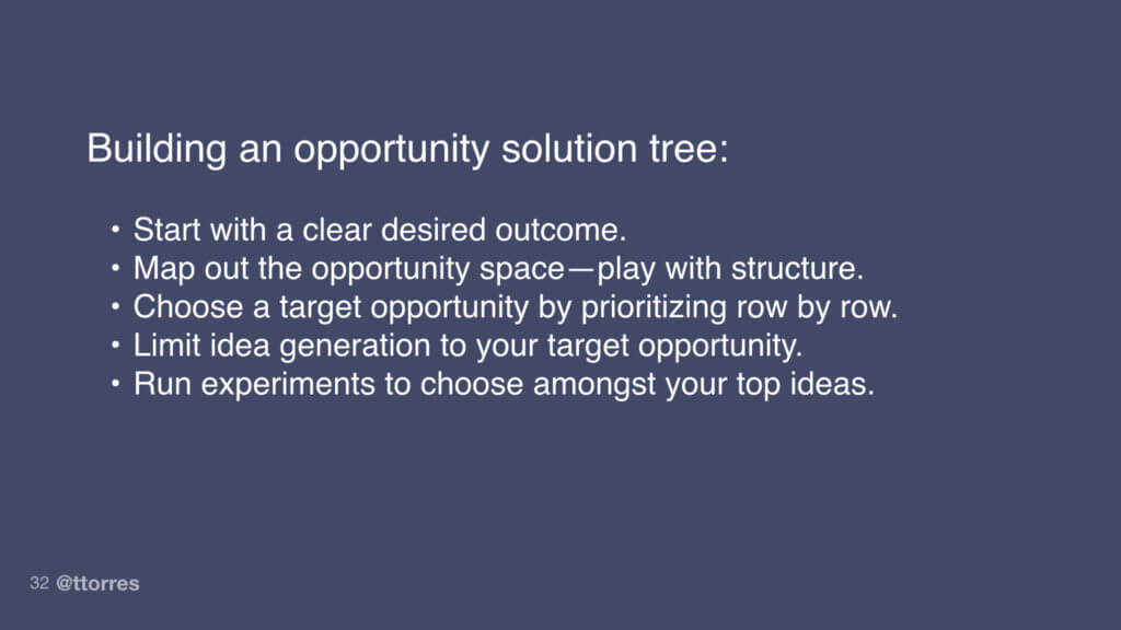 Building an opportunity solution tree: Start with a clear desired outcome, map out the opportunity space - play with structure, choose a target opportunity by prioritizing row by row, limit idea generation to your target opportunity, and run experiments to choose amongst your top ideas.