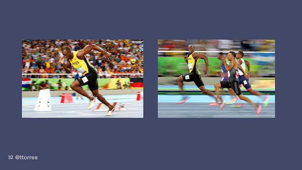 One photograph of Usain Bolt running by himself and one of him running with other people