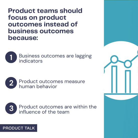 Image explaining why product teams should focus on product outcomes instead of business outcomes. Lists three reasons: 1) Business outcomes are lagging indicators, 2) Product outcomes measure human behavior, and 3) Product outcomes are within the influence of the team.