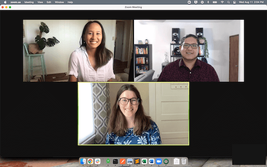 A screenshot from a video conference featuring three participants, Codi Funakoshi, Product Designer, Rafa Salazar, Lead Software Engineer, and Lisa Orr, Senior Product Manager.