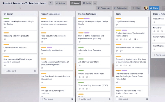 A screenshot of Christian's Trello board. There are categories like UX Design, Product Management, and Books, each with a collection of different resources.