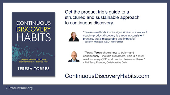 An image of the Continuous Discovery Habits book next to positive reviews and photos of the reviewers.