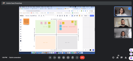A screenshot from a virtual meeting. There's a Miro board in the middle with different colorful sticky notes and several participants in the top right corner.