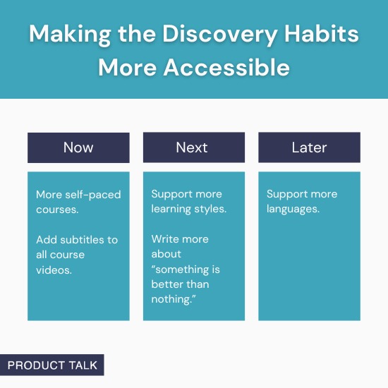 A roadmap divided into three columns labeled "Now," "Next," and "Later," detailing steps to make discovery habits more accessible. "Now" includes more self-paced courses and adding subtitles to all course videos. "Next" involves supporting more learning styles and writing about "something is better than nothing." "Later" focuses on supporting more languages.